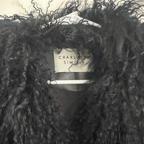 Women's Black Faux Leather Jacket with Curly Faux Fur Collar and Cuffs - Picture 2 of 3